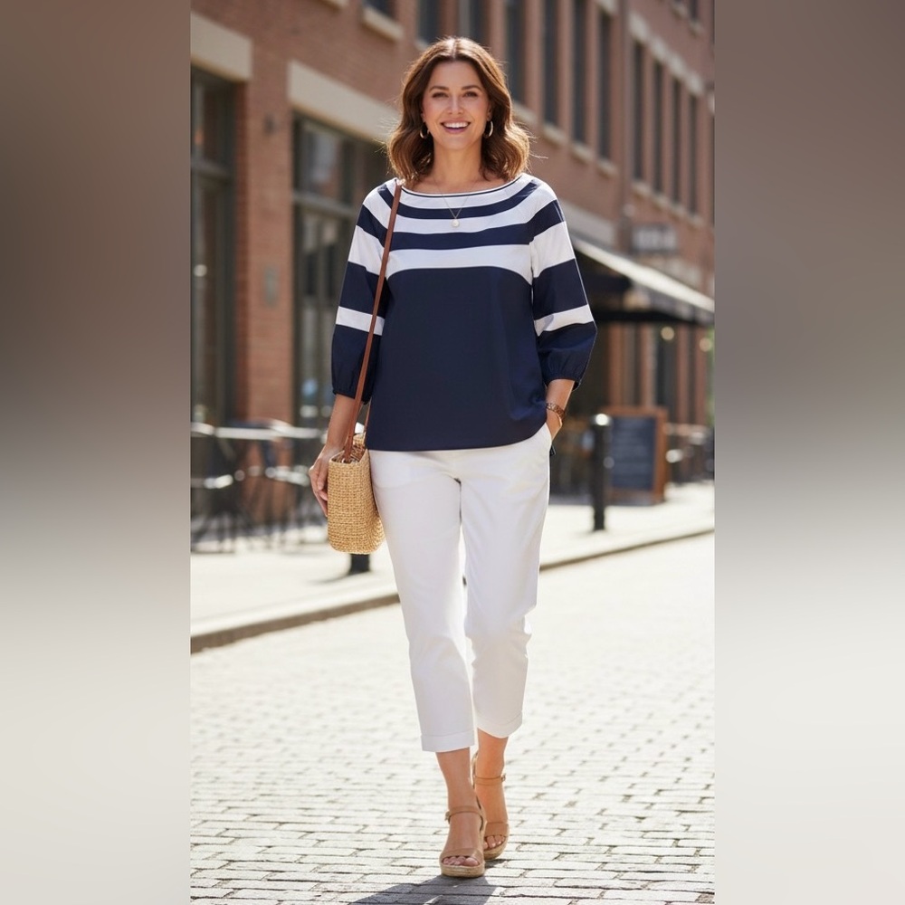 Talbots Dark Blue White Semicircles 3/4 Length Sleeve Blouse, Size Small